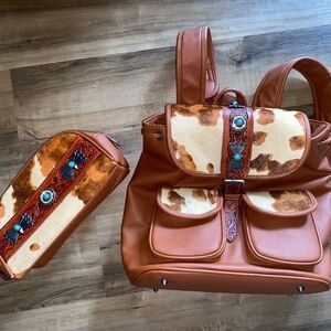 Wrangler Brown Leather Backpack and Pouch Set